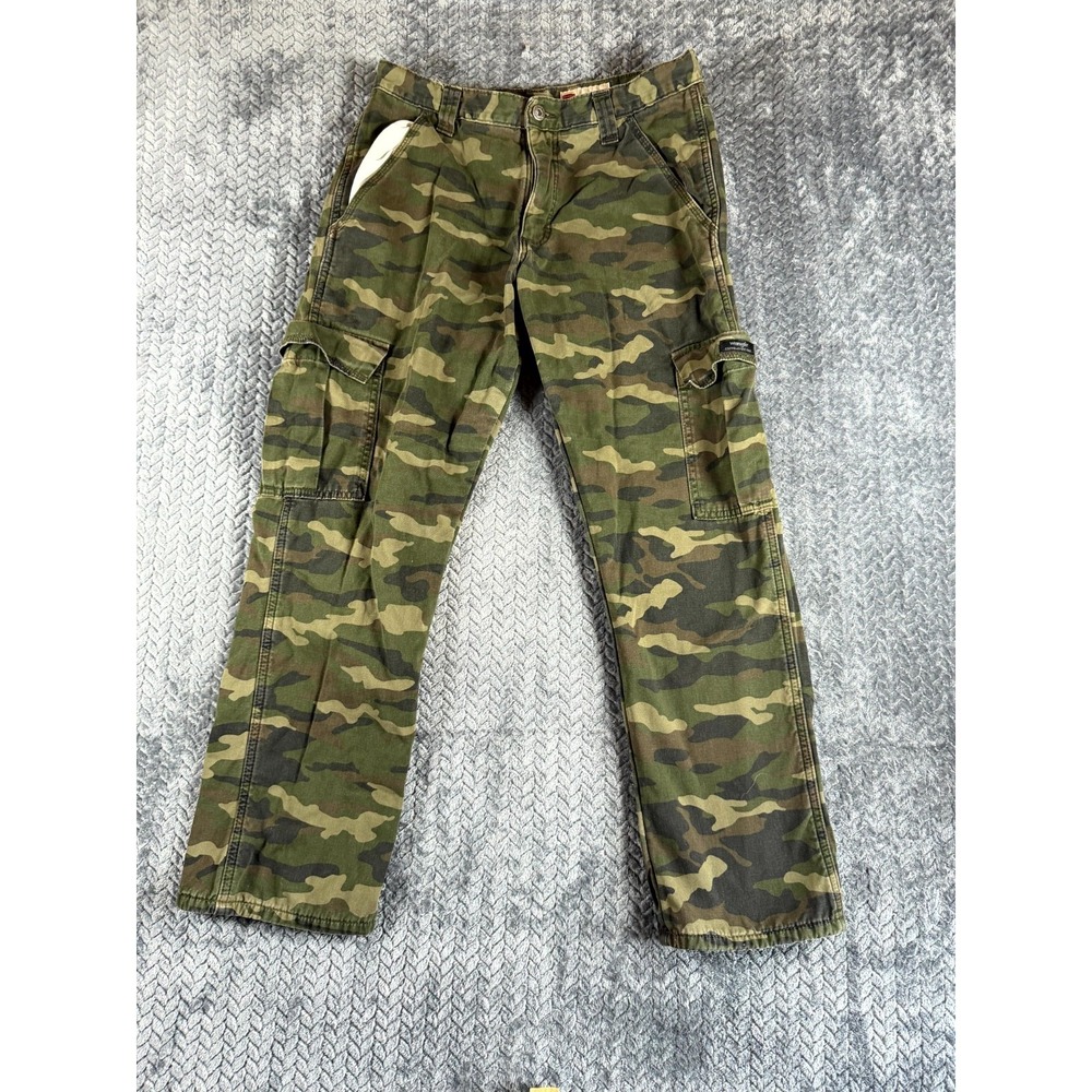 Wrangler Relaxed Fit Cargo Pants Mens 30x30 Green Camouflage Fleece Lined Cotton